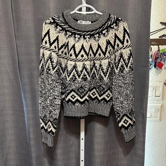 Zara Black and Cream Patterned Cowl Neck Sweater - Picture 1 of 3